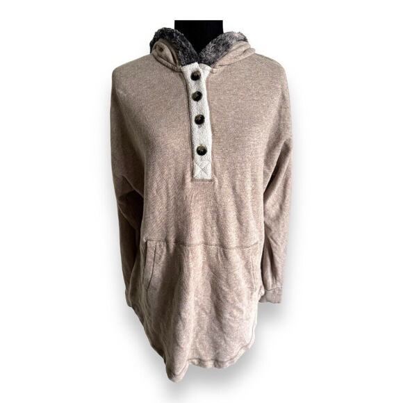 SOFT SURROUNDINGS Cabin Cuddle Up Fur Trim Hoodie Tunic Terry Sweatshirt Tan M - Picture 2 of 6